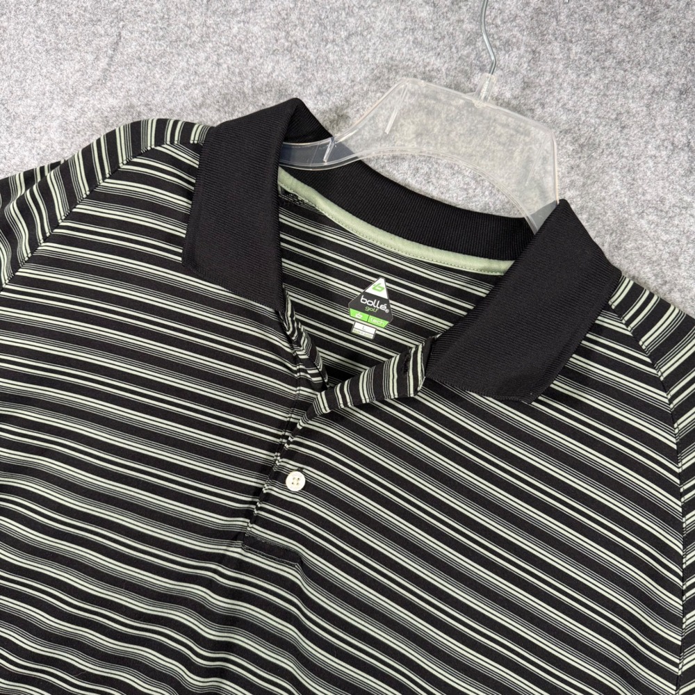 Bolle Golf Polo Shirt Mens Large Black Green Striped G-Tech Short Sleeve Stretch